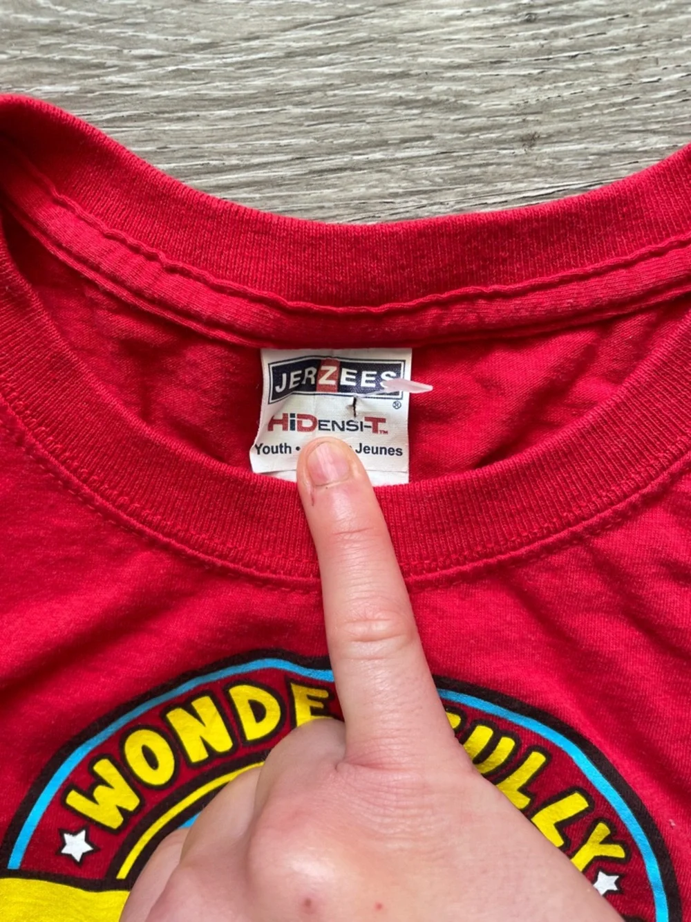 Jerzees Red Wonderfully Made Kids Superhero Tee with Yellow and Blue Print